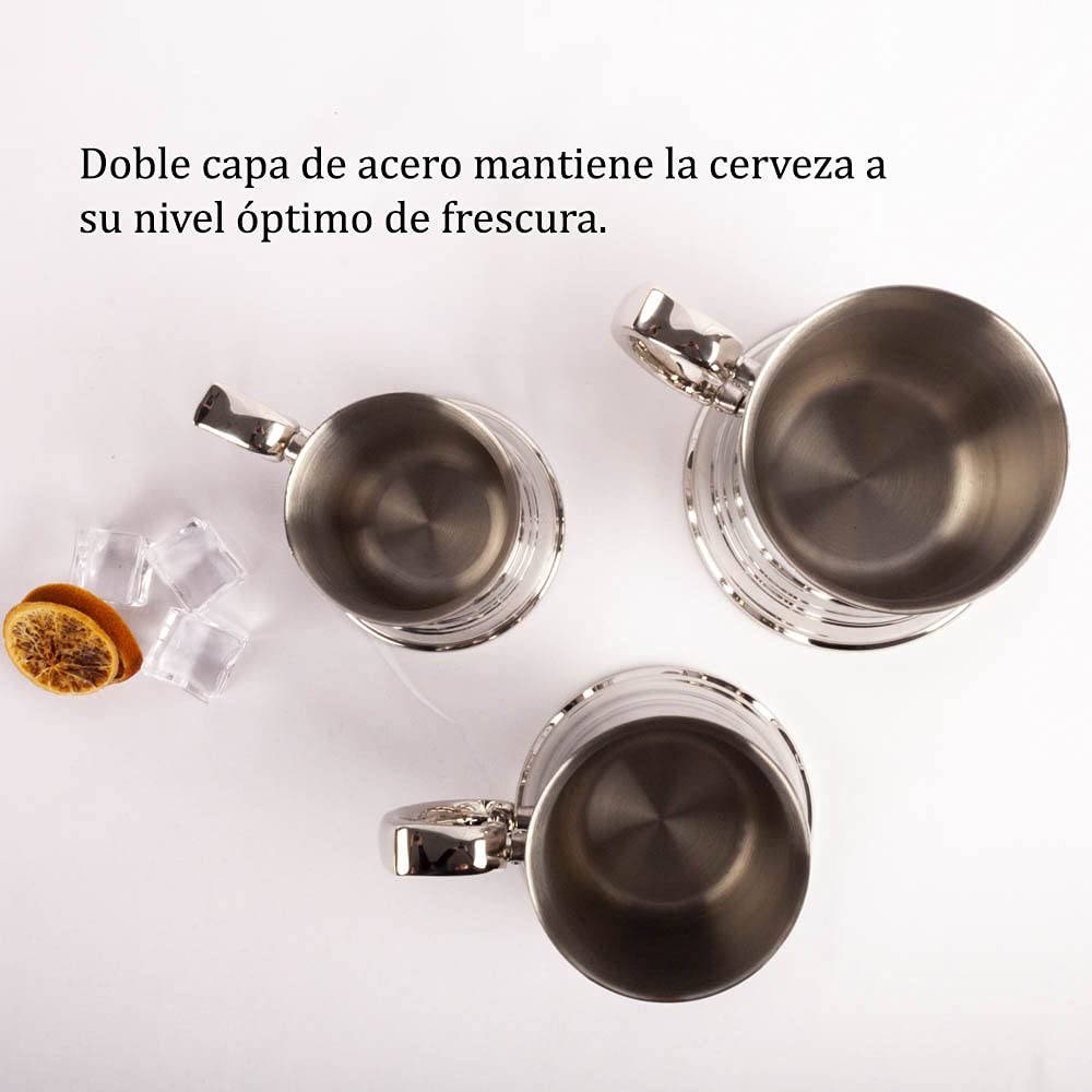 FranquiHOgar - Boccale di birra grande in acciaio inossidabile con manico, tazza metallica medievale (3 brocche)