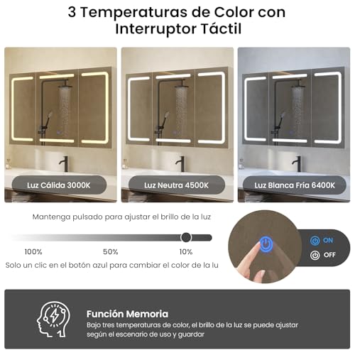 DICTAC Armario con Espejo,iluminación LED y Enchufe Armario Baño de Pared con 3 Puertas Espejo,Mueble Baño de Pared con Espejo y Estantes Ajustable,Mucho Espacio de Almacenamiento,90x60x16cm, Blanco - imagen 4