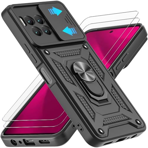 AKINIK for REVVL 7 Pro 5G with Slide Camera Cover 2 Tempered Glass Screen Protectors 360 Ring Kickstand [Military Grade] Case (Black)