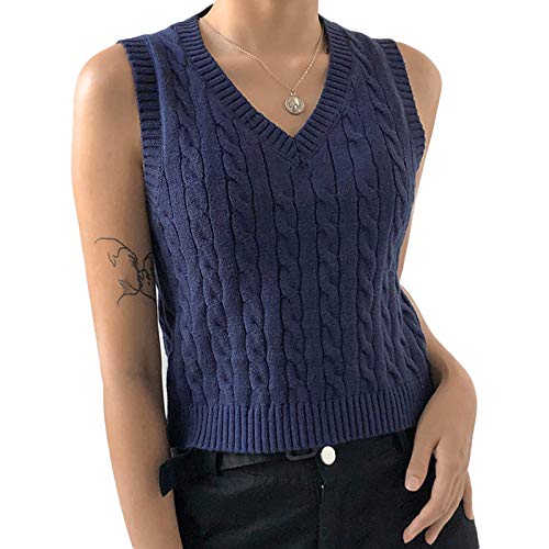 Women Sleeveless Sweater Vest Knitted V Neck Short Vest School Uniform Style Geometry Print Sweaters Top Fall Winter Spring (B-Navy blue, Medium)