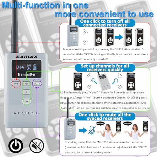Sistema Inalámbrico para Guías Turísticos EXMAX ATG-100T PLUS, 195 MHz, 1 Transmisor + 1 Receptor, Micrófono para Interpretación Simultánea, Iglesias, Reuniones Silenciosas, Talleres, Escuelas y Edificios Municipales miniatura 6