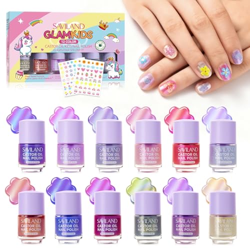 SAVILAND Juego de esmalte de uñas para niños a base de agua Peel Off para niños, esmalte de uñas no tóxico, kit de esmalte de uñas vegetal, 12 colores con pegatinas y calcomanías de arte de uñas