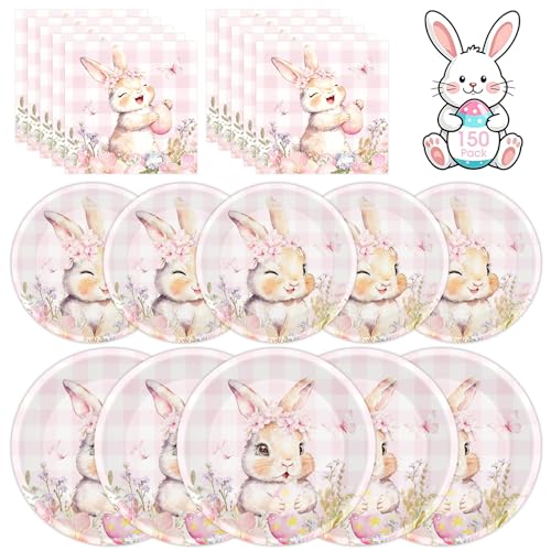 150 Pcs Easter Paper Plates and Napkins Sets Party Supplies - Disposable Cute Pink Plaid Easter Bunny Eggs Dinner Plate Napkin Paper Tableware for Spring Easter Table Decorations Party Supply,Serve 50