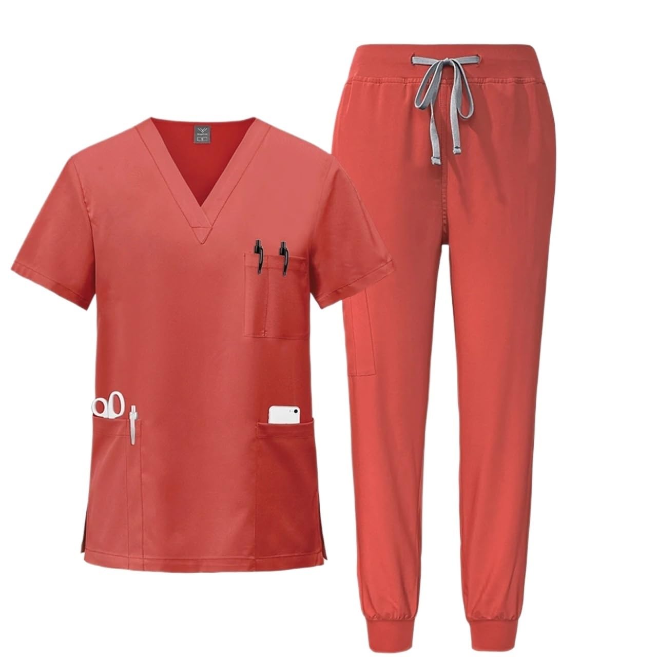 Uniforme Sanitario Unisex Uniformes médicos, Ropa de Trabajo enfermería, Camiseta con Cuello en V y Bolsillo, Pantalones Deportivos, Conjunto Uniforme quirúrgico clínico(Orange,XXL)