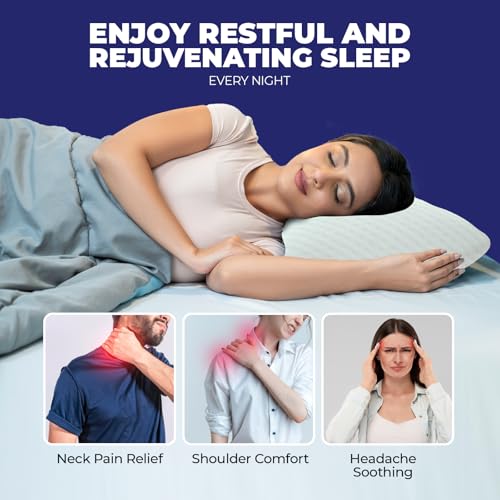 Image of WELLGIVER Ergonomic Memory Foam Pillow for Neck Pain | 2 Years Warranty | 21 x 14 x 4.5 Inch | Orthopedic Pillow for Side Sleeping | Removable Washable Jacquard White Cover | Pack of 2
