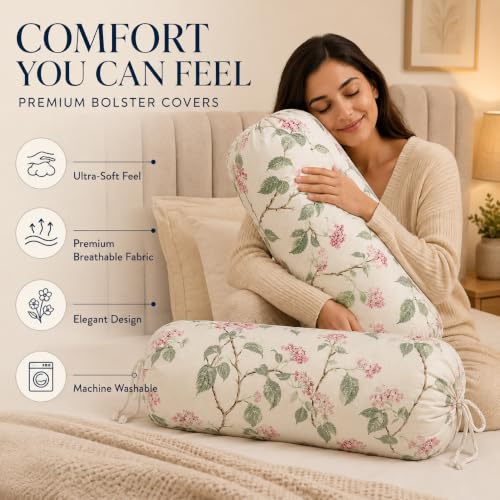 Image of Clasiko Cotton Bolster Covers Set of 2, Blush Ivory, Standard Size