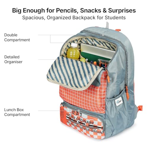 Image of uppercase Campus School Backpack | Well-Padded, Double Compartment with File Sleeve, Organizers, Side Bottle Pocket | For Boys & Girls | 500 Days Warranty