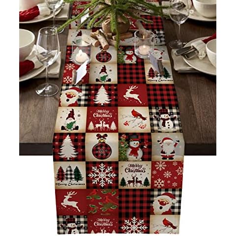 Ldtrchee Christmas Plaid Table Runner - Cotton Linen 120 Inch Snowflake Xmas Tree Gnomes Snowman Vintage Red Checkered Bed Runner Dresser Scarves Xmas Tablerunner for Dining/Holiday/Coffee 13"x 120" Cover
