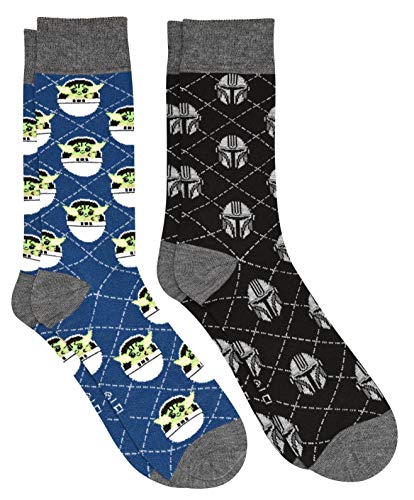 STAR WARS Baby Yoda and Mando Argyle Mens Crew Socks 2 Pair Pack Shoe Size 6-12