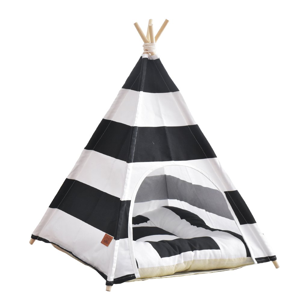 Zomma Pet Supplies Black and White Strip Style Pet Teepee and Kennels Dog Play House Play Tent Cat Bed 24 Inch with Cushion