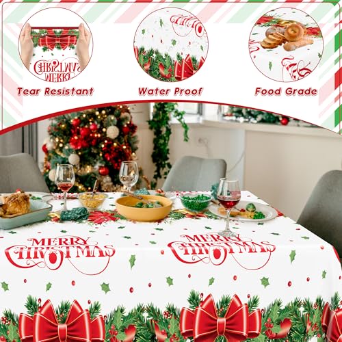 QZYL 2 Pack Christmas Tablecloths, 54" x 108" Xmas Plastic Table Cloth, Poinsettia Holly Bells Design Holiday Disposable Tablecover Rectangle Tablecloth, Christmas Decor Holiday Table Decorations – Image 3