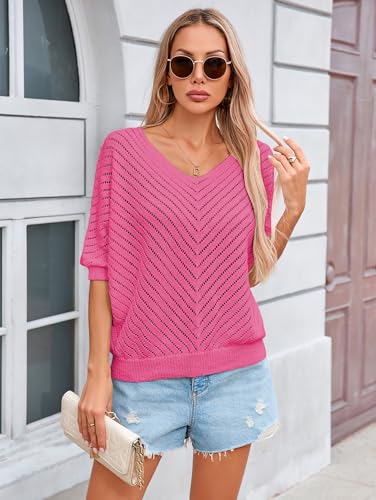 Image of Libsorge Womens Sexy V Neck 3 /4 Sleeve Sweater Spring 2025 Trendy Dressy Casual Outfits Lightweight Crochet Knit Pullover Top