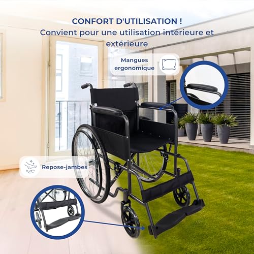 Mobiclinic®, Fauteuil roulant pliable, Marque européenne, Siège 46 cm, Acier, Frein manuel, Dossier amovible, Repose-pieds rabattables, Robuste, Léger, Gris, Denver – vue 4
