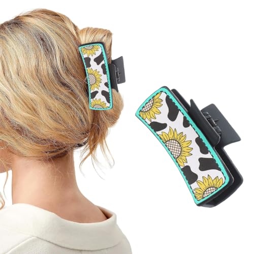 Image of PALAY Hair Claw Clip 4 Inch Black Leather Print Sunflower Design