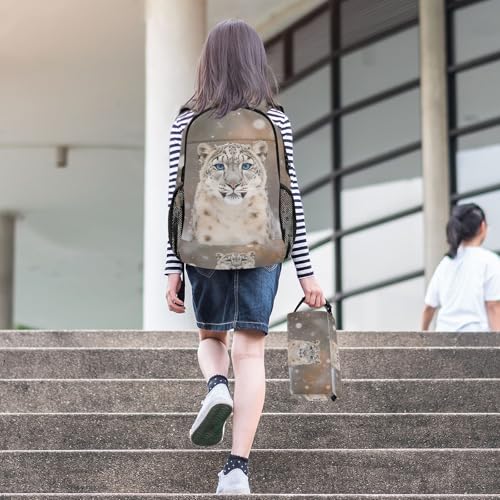 Snow Leopard Head Backpack for School Boys Girls and Teens, Backpack for Men and Women, Lightweight Bookbag with Lunch Box Travel Laptop Daypack 18.5 x 11.8 In3