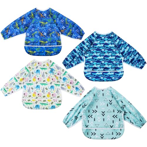 Image of CUXFLS Mess Proof Long Sleeve Baby Bibs for Toddlers, Feeding Bibs Waterproof Soft Infant Outfit Bibs Apron 4 Packs