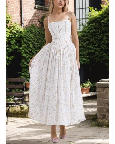 Women's Floral Print Maxi Dress, Square Neck, Spaghetti Strap, White Summer A-Line Sundress3