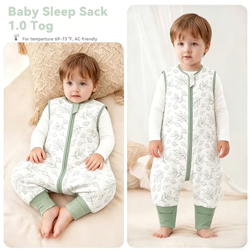 Image of Chilsuessy Toddler Sleep Sack with Feet 6-18 Months, 0.5 TOG Cotton Baby Wearable Blanket with Legs, Sleep Bag Walker with 2-Way Zipper, White Leaf