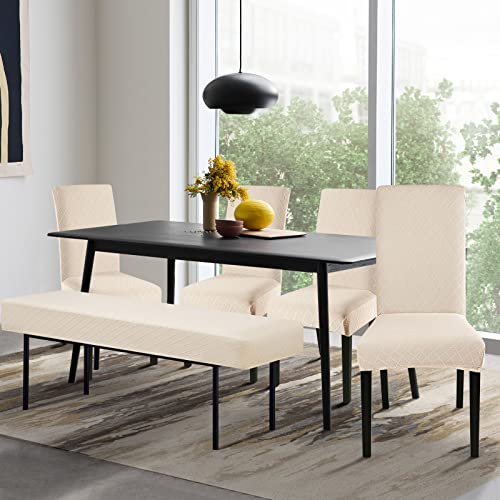 Searchi Dining Bench Cover, Stretch Washable Upholstered Bench Slipcover, Jacquard Bench Seat Protector, Rectangle Bench Covers For Dining Room, Bedroom, Living Room, Kitchen (Beige) #TOP1