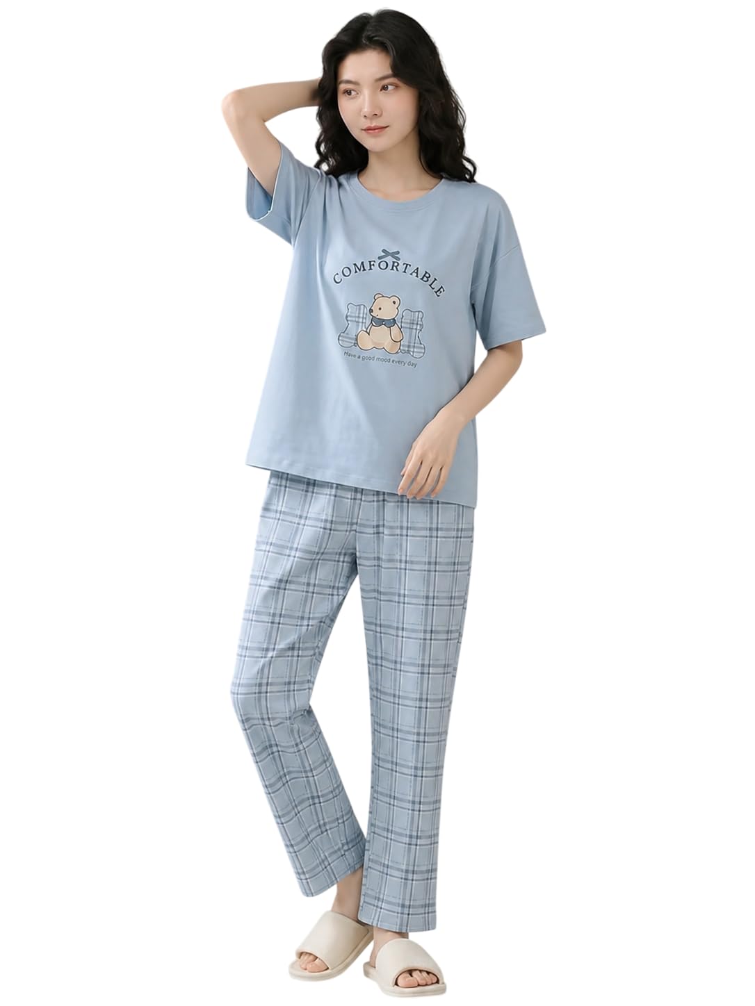 Women’s 2-Piece Pajama Set – Short Sleeve Top & Pants Lounge Set, Soft Breathable Sleepwear Night Suit for Women-picture-39