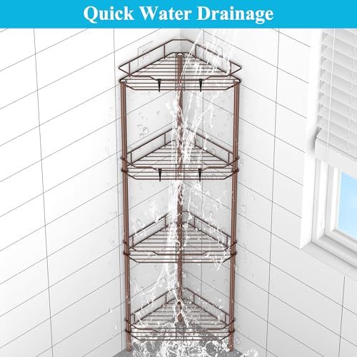 Image of HuggieGems 4 Tier Floor Standing Corner Shower Caddy Organizer Shelf with Hooks, Bathroom Shelves Stand Rack, Coffee