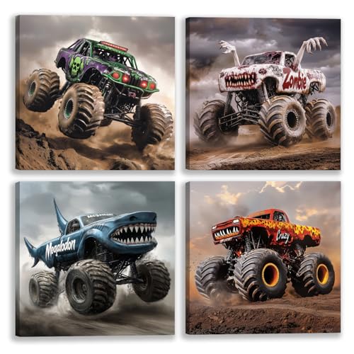 WLHARTT Monster Truck Wall Art, Boys Room Poster Prints, Funny