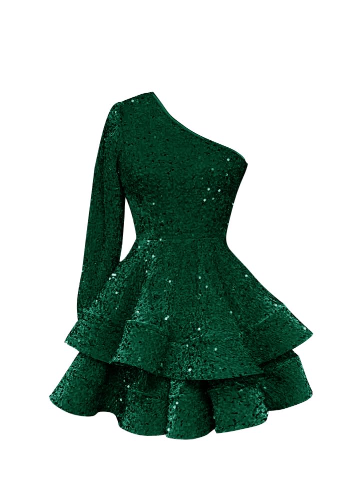 OFEECHUN Women's One Shoulder Sequin Homecoming Dress Short Sparkly Layered Long Sleeve Cocktail Gowns