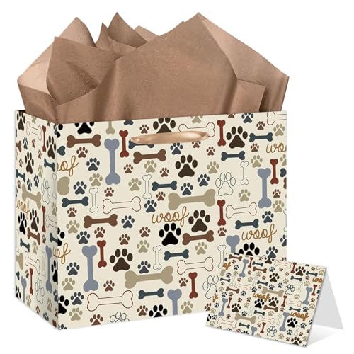 Large Dog Themed Christmas Gift Bags Paw Print Gift Bags with Card and Tissue Paper Pet-Themed Party Decorations for Boys Girls Kids Baby Shower Birthday Party Supplies Christmas Celebration