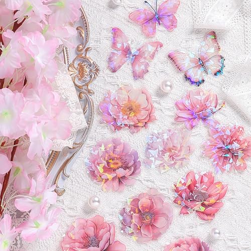 Lot de 60 Autocollants Floraux Transparent Scrapbooking, 30 Design Autocollants Fleurs, Convient pour les Journaux, Travaux Manuels, Cartes Postales,...