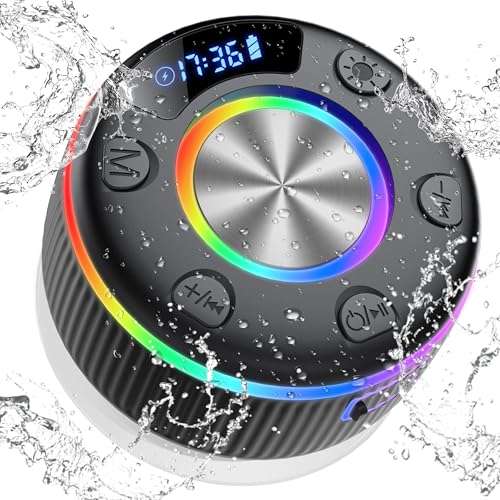 Enceinte Douche Bluetooth, Enceinte Bluetooth 5.3 Portable Etanche IP7, avec 360° Stéréo sans Fil, Lumières LED Colorées, Ventouse Puissante, Haut-Parleur de Douche avec Micro Et Mains Libres, USB-C