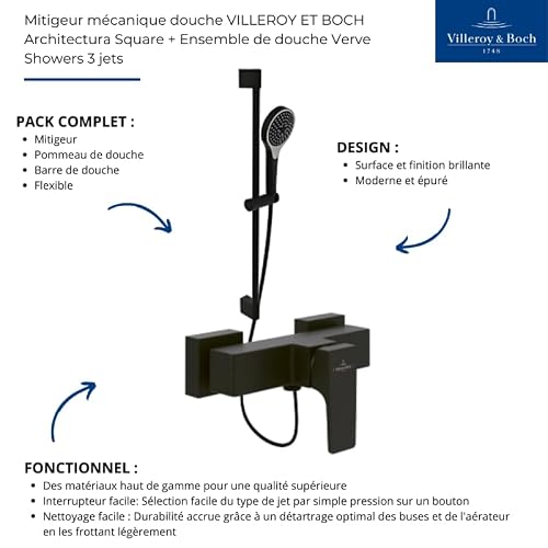 Mitigeur mécanique douche VILLEROY ET BOCH Architectura Square + Ensemble de douche Verve Showers 3 jets - vue 4