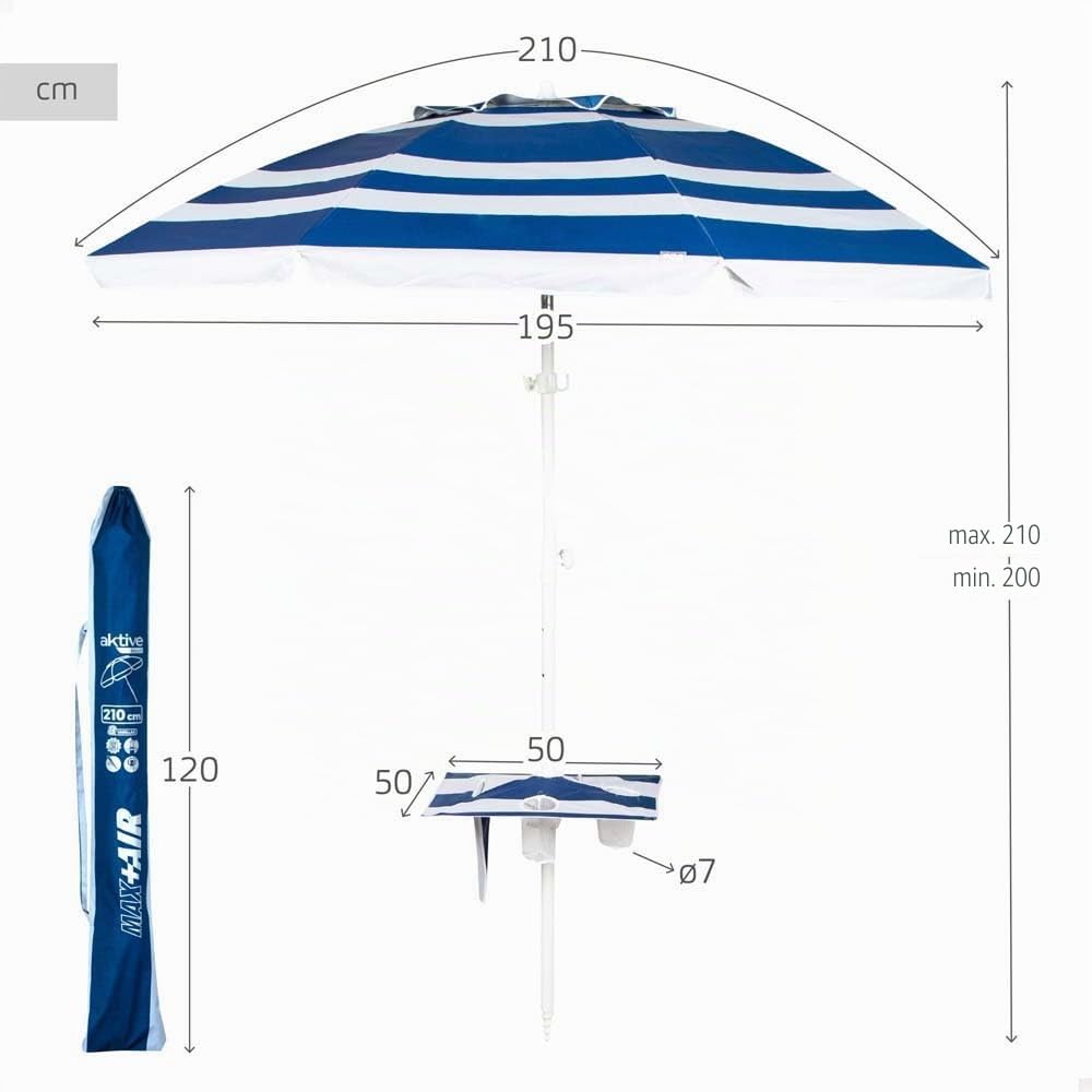 AKTIVE Parasol de plage, marin, 210 cm, table centrale avec dessous de verre, crochet, mât en acier, inclinable et réglable en hauteur, tissu polyester Oxford, protection UV50, grands parasols (62330)
