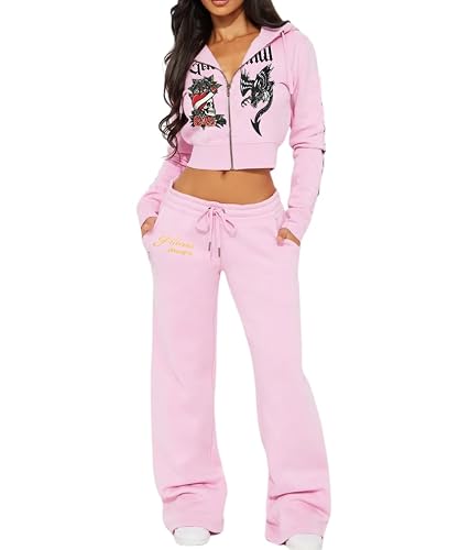 Glitrandi Womens 2 Piece Outfits Fashion Print Cropped Hoodies Jacket Sweatpants With Pockets Tracksuit For Women
