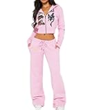 Womens 2 Piece Outfits Fashion Print Cropped Hoodies Jacket Sweatpants With Pockets Tracksuit For Women