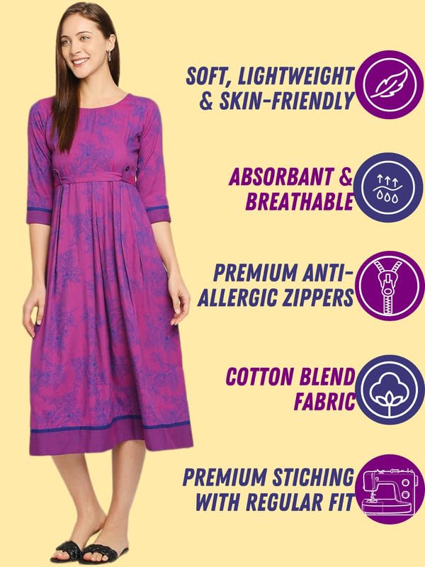 Image of DUMMY SHAPE Maternity Dresses for Women Cotton | Feeding Anarkali Kurta with Concealed Nursing Zippers for Pre & Post Pregnancy | Mom to Be Gifts (DS-MAT-P054 M, Purple)