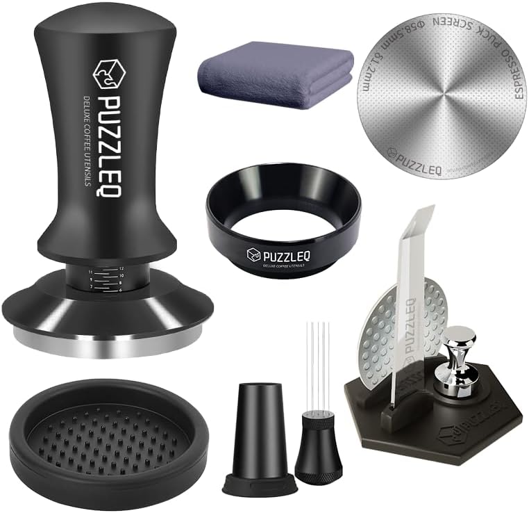 9 Pcs 58mm Espresso Accessories Kit, Spring Loaded Calibrated Tamper,mat，WDT Tool，Dosing Funnel，Puck Screen kit，Basket Removal Tool ，Cleaning ClothSet,Fits 58mm Espresso Coffee Machines(58MM)