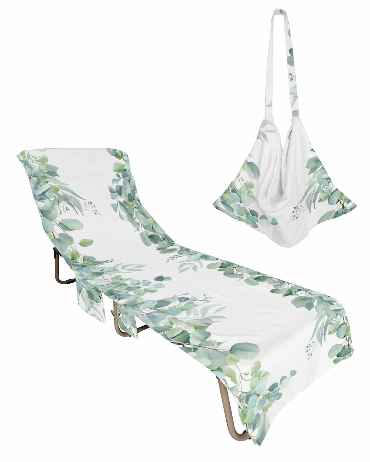 Teal Botanical Beach Lounge Chair Towel Cover, Soft Chaise Lounge Towel with Side Pockets Patio Pool Chairs Cover for Beach/Pool Sunbathing 29x85 Spring Floral Summer Eucalyptus Leaf