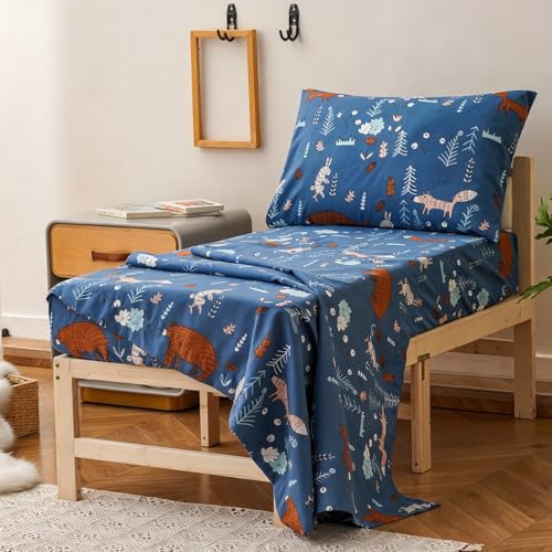 Image of Wellboo Blue Bear Toddler Bedding Sets for Girls Boys Cute Cartoon 4 Pieces Soft Crib Bed Set Including Comforter, Sheets and Pillowcase Kids Fox Theme Woodland Forest Quilt