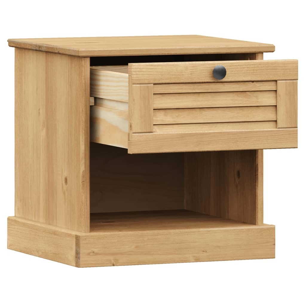 Mesa de noche VIGO 42 x 35 x 42 cm, madera de pino maciza, con cajón y estante de almacenamiento, mesa auxiliar de madera maciza duradera con mango de metal, diseño rústico