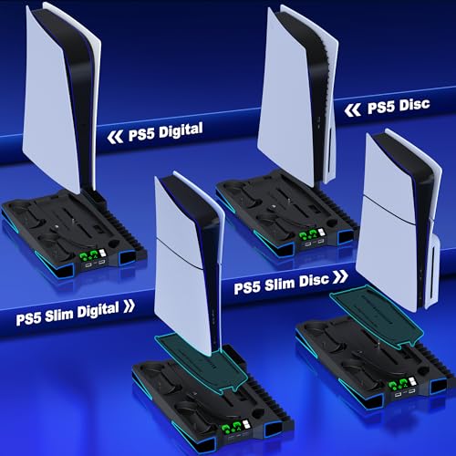 Image of PS5 Stand, PS5 /PS5 Slim Cooling Station with 3-Level Cooling Fan, Controller Charger Station for PS5 Accessories, Light, Headset Holder, 3 Charger Ports for PlayStation 5 Slim Console, Black