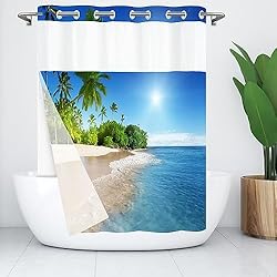 Mimihome No Hook Shower Curtain with Snap in Liner,Ocean Beach Seaside Palm Trees Island Shower Curtains, Double Layer, Mesh Top Window,71 x74 inches,Blue