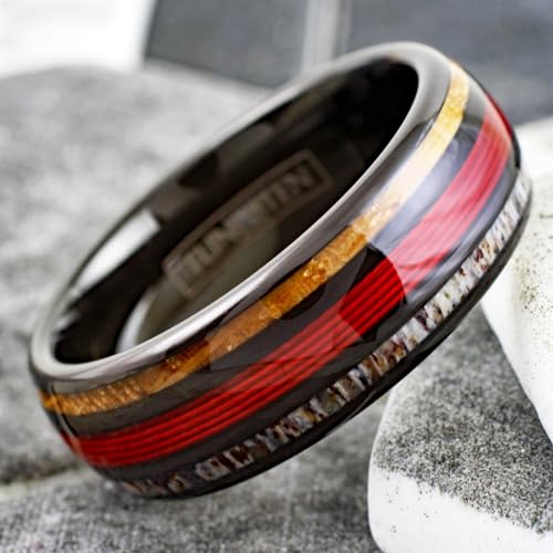 Personalized Engraved 6mm/8mm Polished Piano Black Tungsten Carbide Low Dome Band Ring with Red Fishing Line Between Whiskey Barrel Oak Wood and Deer Antler Inlays.4
