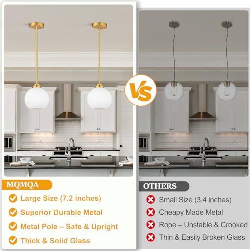 Image of 2 Pack Gold Globe Pendant Lights, Mid Century Gold Pendant Light Fixtures, Globe Pendant Lights Kitchen Island with Milk Glass Shade Adjustable Hanging Fixture for Dining Room (Bulbs not Included)