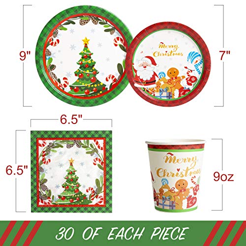 Christmas Paper Plates And Napkins Sets For 30 Guests In Green Christmas Tree And Red Santa Claus, 30 Dinner Plates 30 Dessert Plates 30 Napkins 30 Cups For Holiday Christmas Celebration #TOP2