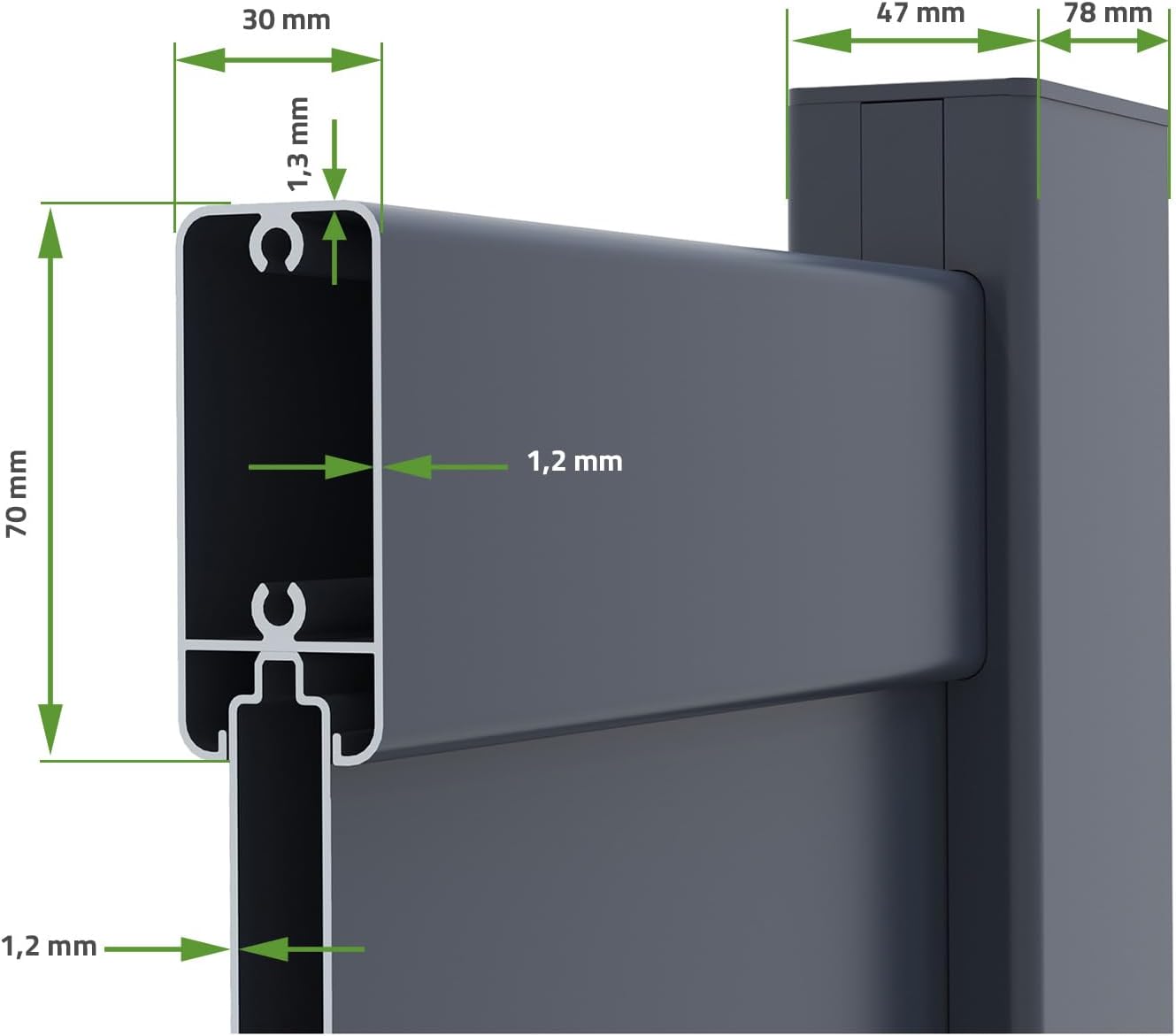 Close-up of an aluminum gate profile showing thickness measurements