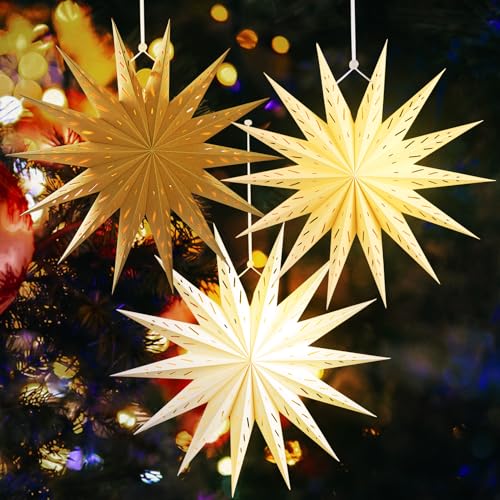 Image of SUNBEAUTY 14-Pointed 18 Inch Hollow Out Paper Star Lanterns Brown White Christmas Lanterns Hanging Lamp Paper Decorations Shade Wedding Birthday Christmas Home Party Decorations