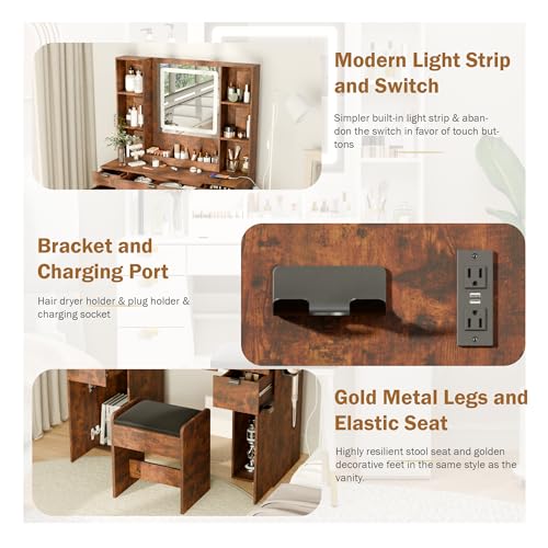 Vanity with Mirror and Lights, Makeup Vanity Table Set, Dressing Table, Large Wood Vanity with Chair, Touch-Sensitive Dimmable Mirror, Shelves and Drawers. Industrial Style Vintage Brown - Image 7
