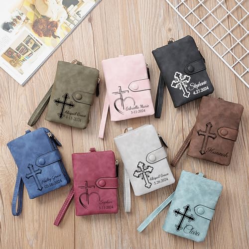 Custom Womens Wallet Personalized with Name and Text, Christian Gifts for Christmas Birthday - Customized Small Bifold Leather Wallets Coin Purse Ladies Wristlet Credit Card Holder, Design 12