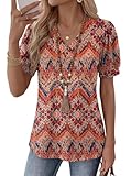 Rapbin Womens V Neck Boho Tops Puff Short Sleeve T-Shirt Pleated Floral Printed Tunic Blouse Shirts Orange