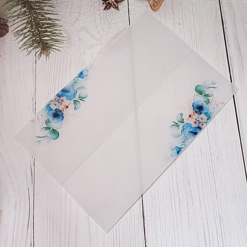 Translucent Envelopes,Vellum Jackets, 50PC/LOT Transparent Watercolor Floral Wedding Invitation Card Cover Semi Invites Jacket Wrap(Color:Flower, Size : Wrap N Invitation) (Color : Blue flower 02,